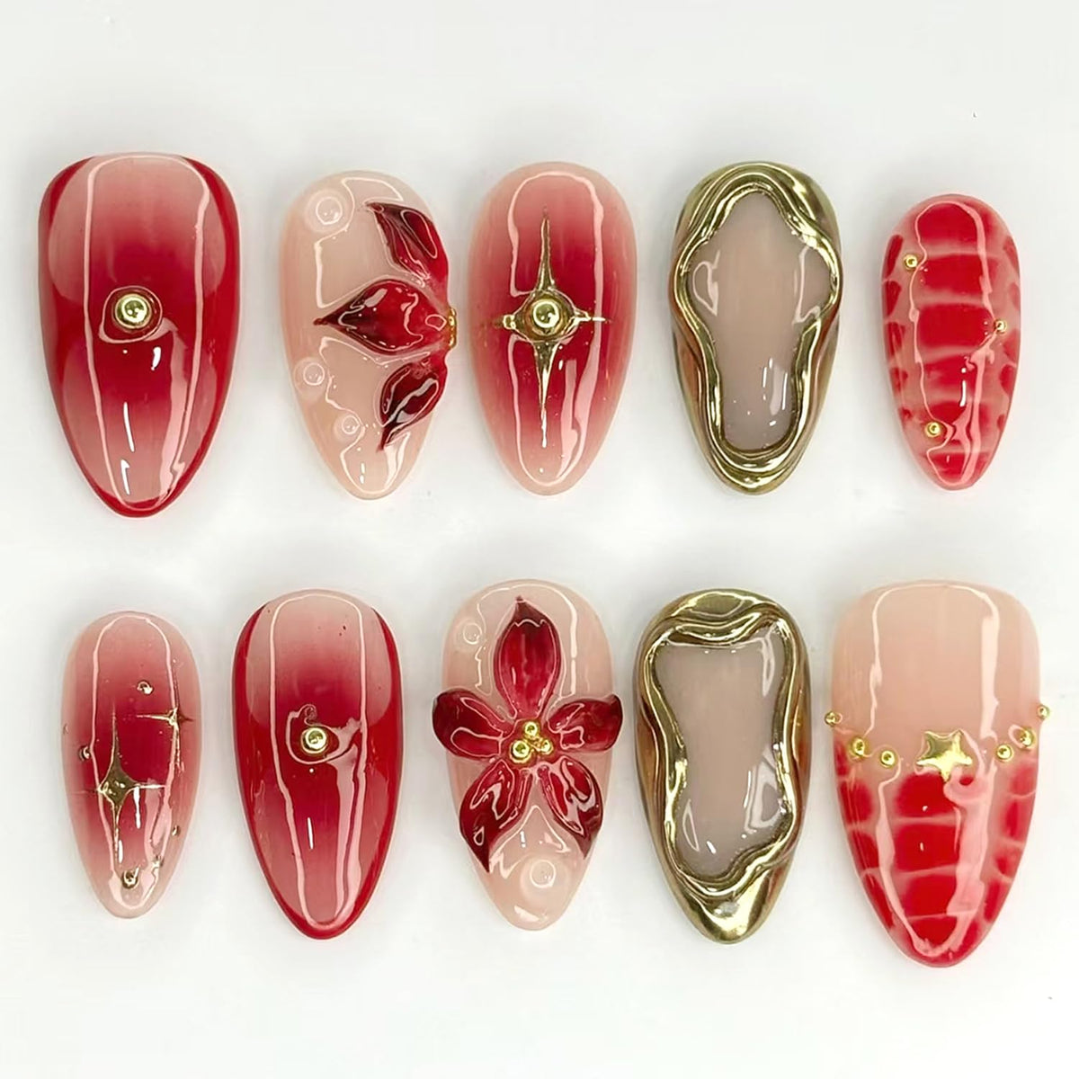 30Pcs Gold Star Moon Press on Nails Long Stiletto French Tip Fake Nails Press on 3D Chrome Gold Design Sun False Nails Irregular Gilded Lines Full Cover Purple Glossy Artificial Acrylic Nail for Women