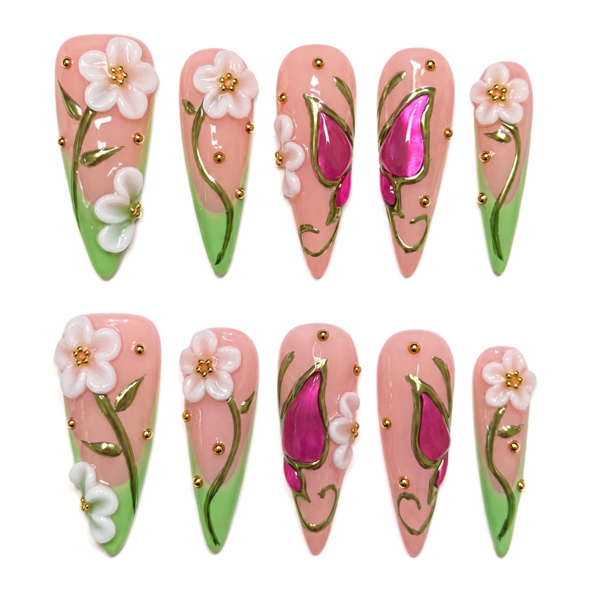 Luxury Handmade Acrylic Press on Nails Long Stiletto French Tips Fake Nails