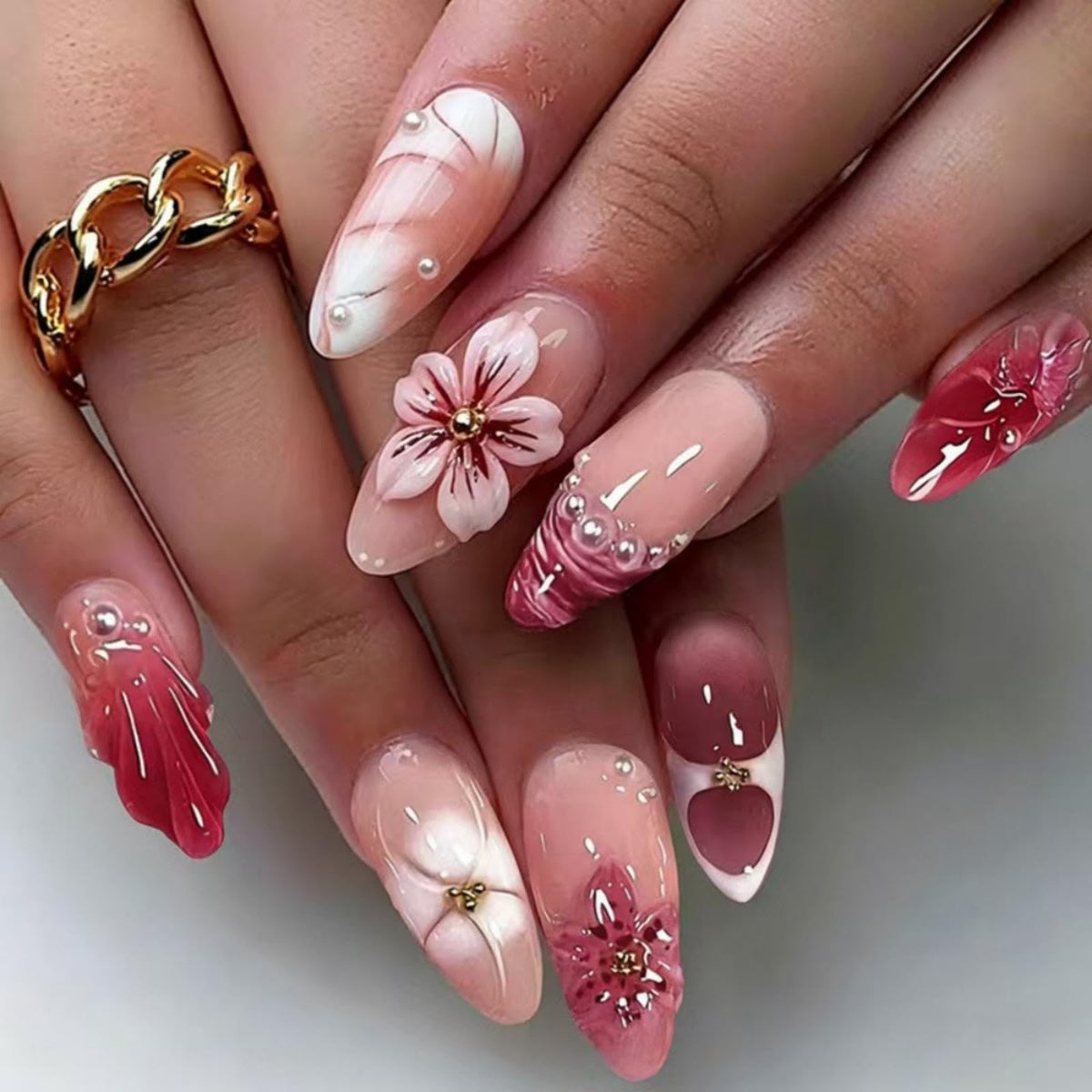 Medium Almond Pink 3D Twist French Tips Rhinestone Press On Nails