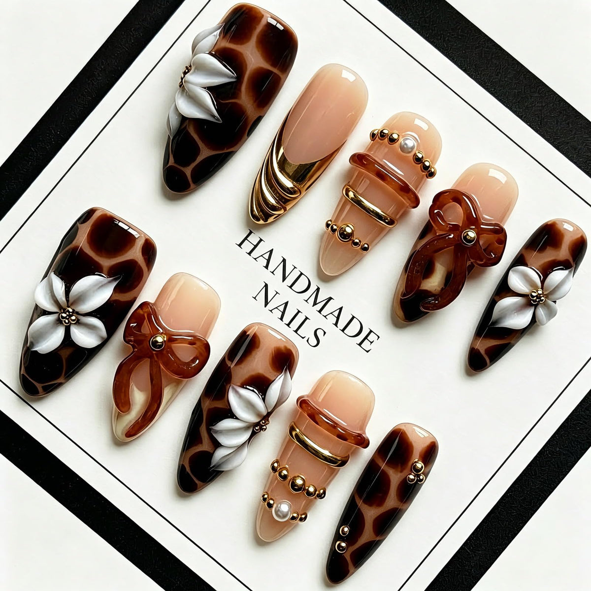 Handmade Almond Press on Nails, Abstract 3D Floral Gold, 10Pcs