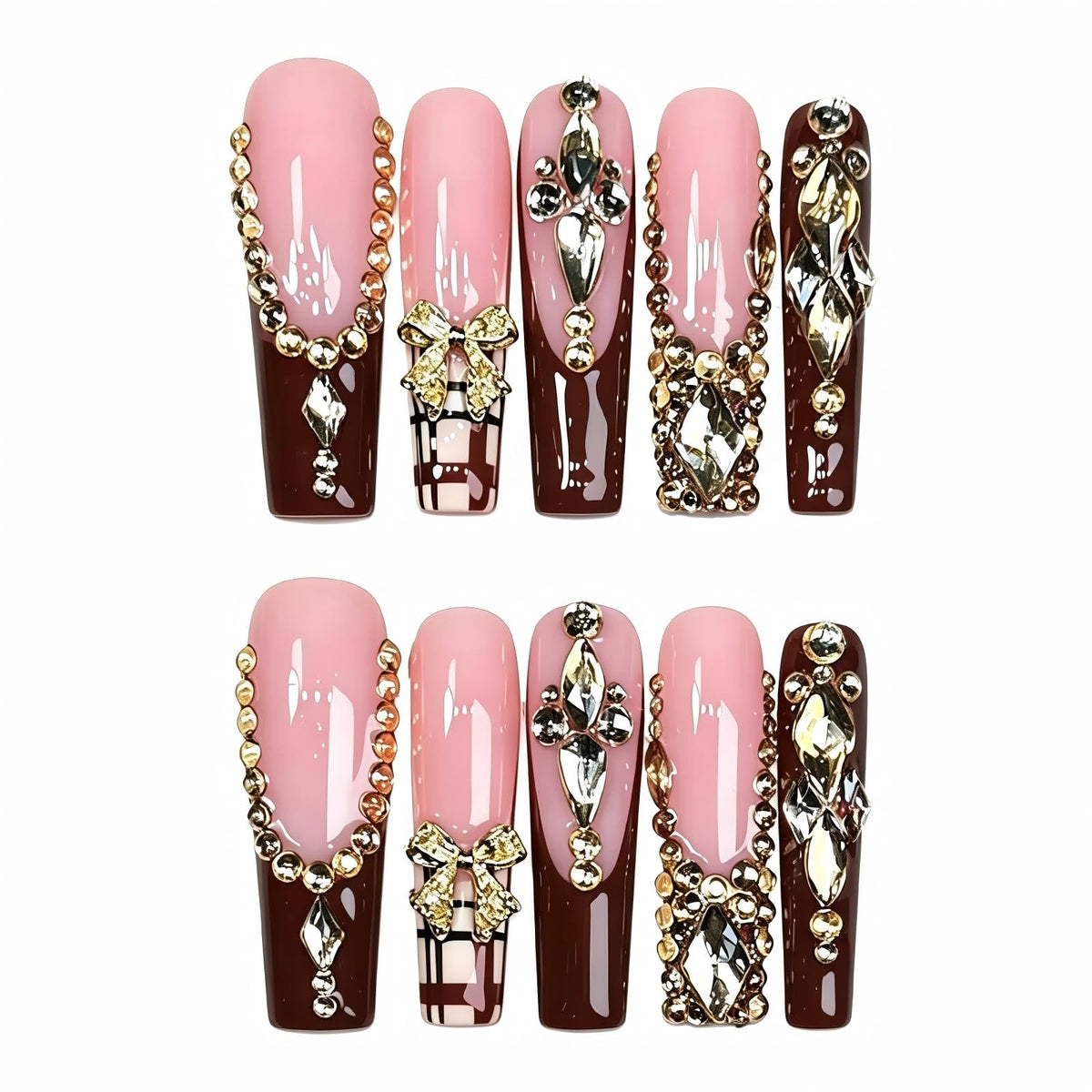 xl Luxury Press on Nails Long Handmade Square Acrylic False Nails French Tip with Bow Rhinestones Designs Fake Stick on Nails for Women Wedding Prom Party Manicure 10Pcs(Size M)