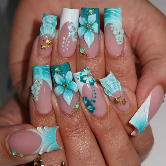 IMSOHOT Luxury Handmade Press on Nails Long Square Fake Nails with 3D Flower Designs Glossy Blue French Tips False Nails Full Cover Acrylic Glue Stick on Nails for Women