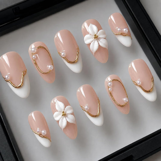 Handmade Almond Press on Nails Medium, Nude White French Tip Fake Nails with 3D White Flower Gold Metal Lines Pearl Decor, Glossy Reusable Full Cover False Nails for Women Wedding Daily(S)