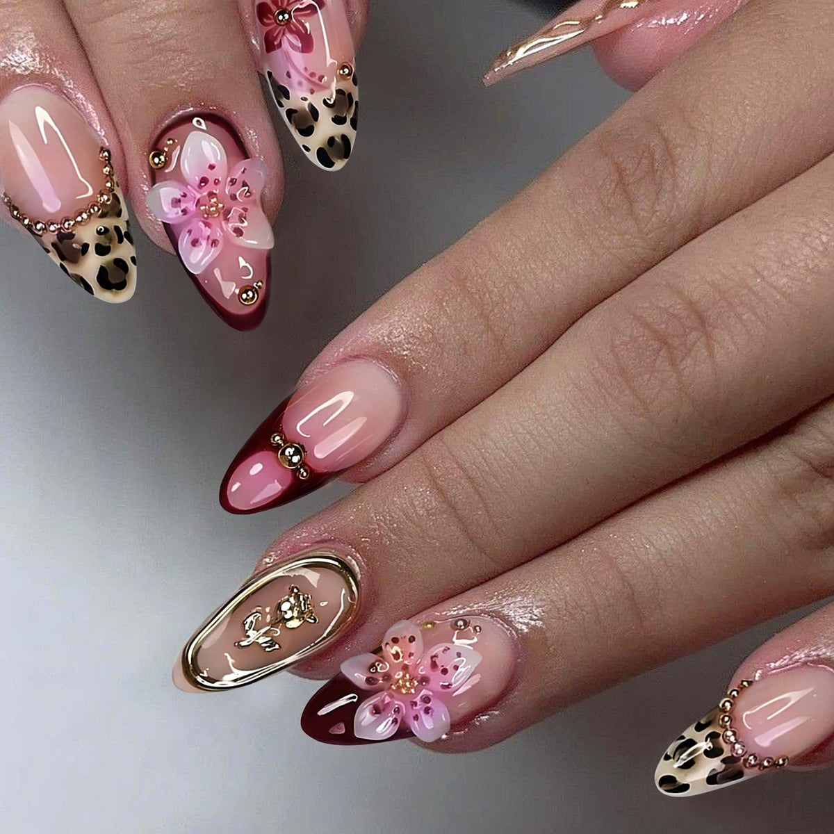 HOSAILY Luxury Press on Nails Medium Almond Rhinestones French Designs Fake Nails, 24PCS Glossy Sparkle Colorful Gems Stick on Nails for Women Party Daily Wear