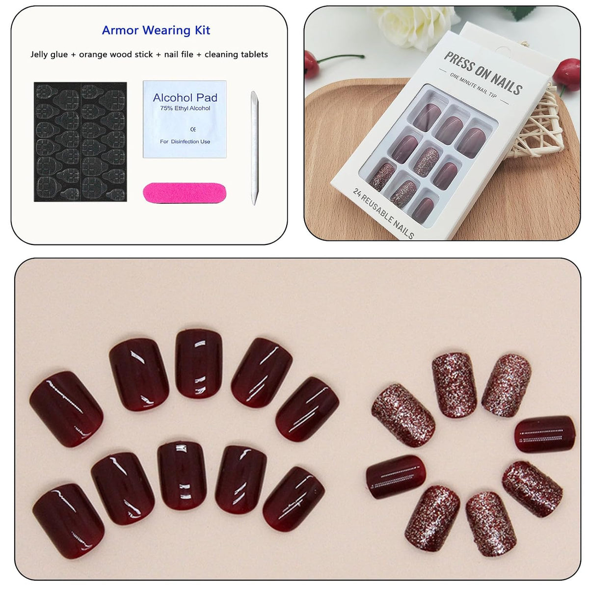 Short Press on Nails Square Fall Burgundy Fake Nails with Golden Glitter Designs Acrylic Nails Press ons Reusable Glue on Nails for Women and Girls Daily Wear 24 Pcs