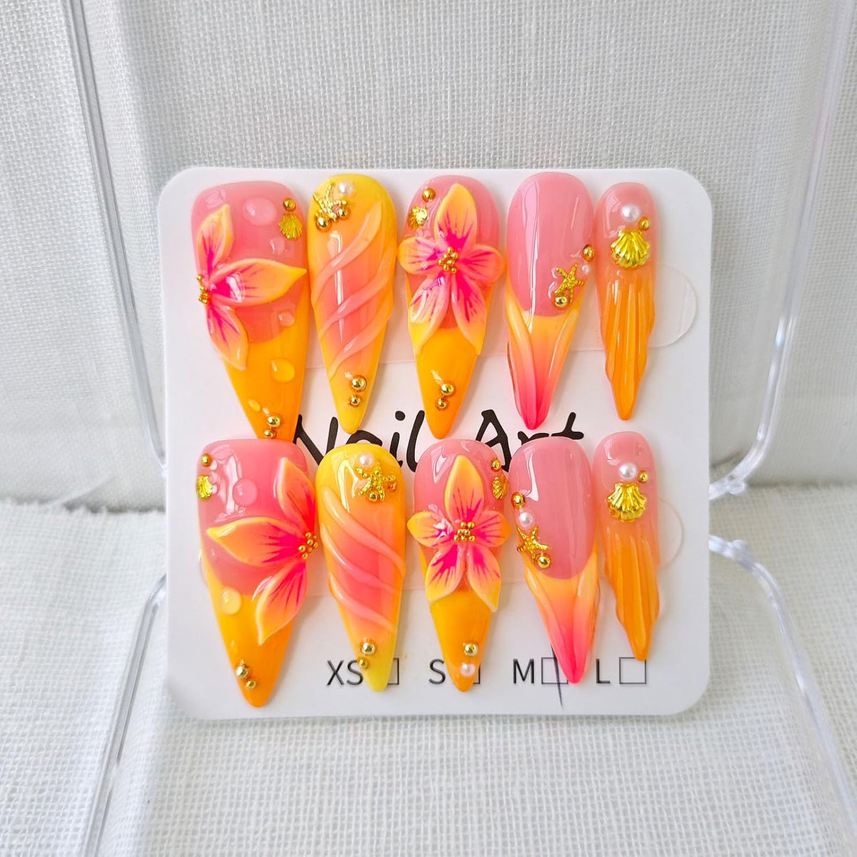 Press on Nails Long Stiletto Handmade French Yellow 10Pcs (Size M)