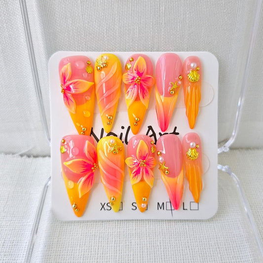 Press on Nails Long Stiletto Handmade French Yellow 10Pcs (Size M)