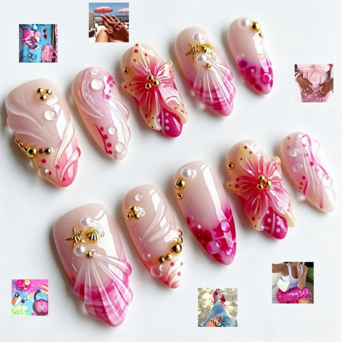 3D Handmade Pink Flower Press on Nails Blue French Tip Almond Fake Nails with Gold Metal Charms Luxury Reusable Full Cover Pink Acrylic Nails Press on for Women 24Pcs