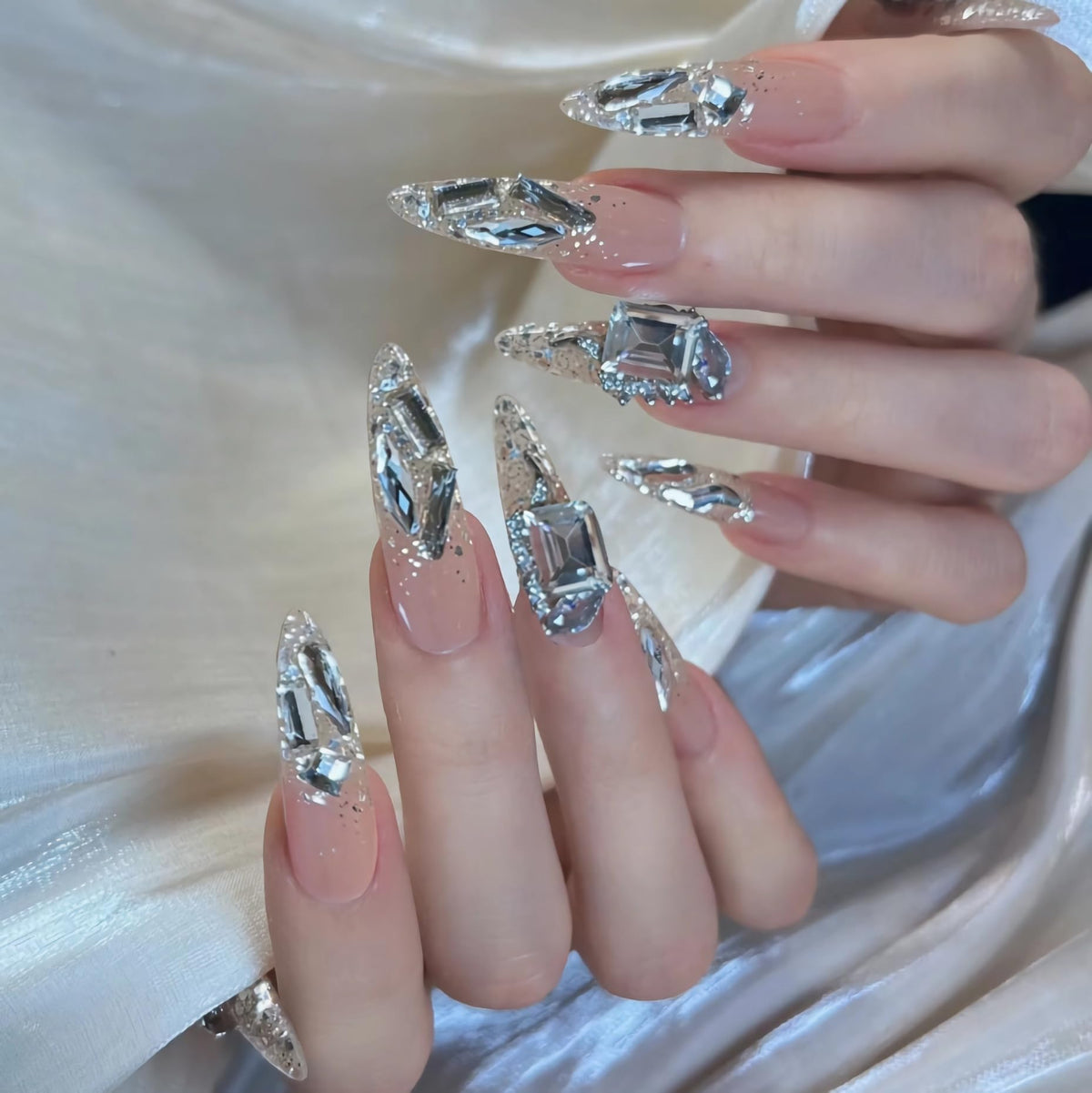 BABALAL Press On Nails, Extra Long Stiletto Fake Nails, Nude Pink, Crystal Rhinestone & Diamond Accents, Glossy Luxury Wedding Party Glue On Nails for Women and Girls 24Pcs