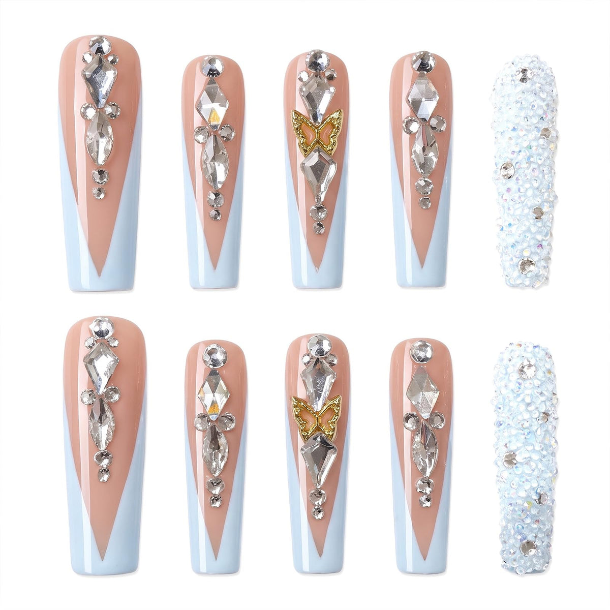 Handmade Press on Nails XL Long Square - Extra Long Orange French Acrylic Fake Nails with 3D Sculpted & Luxury Crystal Gems, Luxury Baddie Reusable False Nails 10 Pack (Size M)