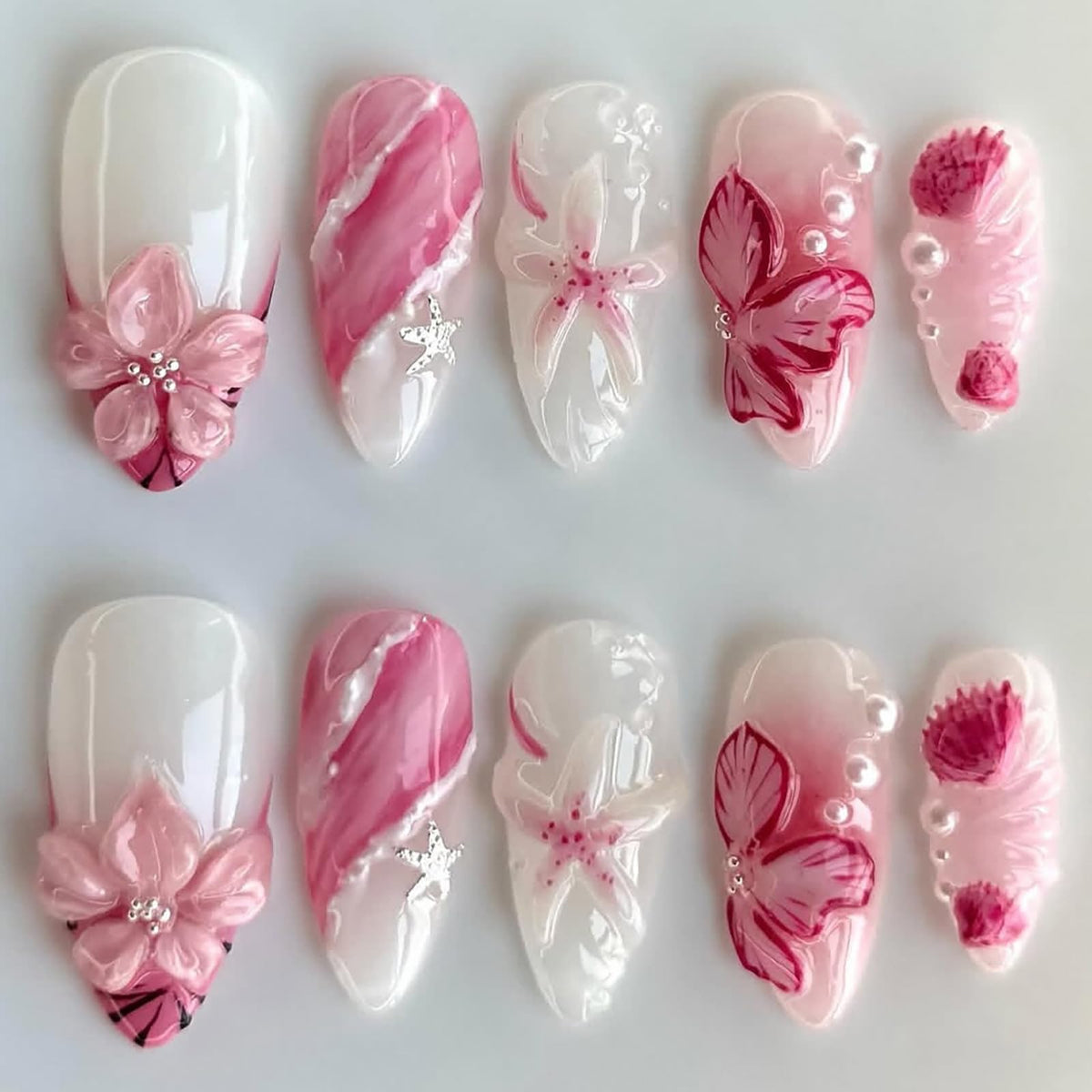 Summer Press on Nails Almond Pink Floral Shell Pearl Gold Dot Fake Women