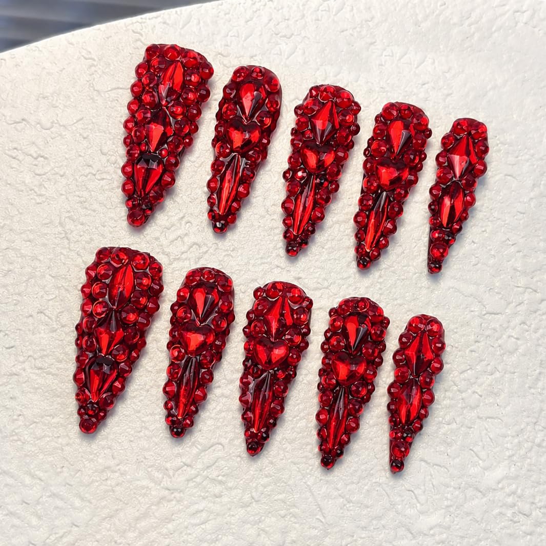 10 Pieces Luxury Acrylic Press On Nails Short Handmade Duck Nails, Pink Thickened False Nails, Rhinestone And 3D Red Lips, Reusable Fake Nails, Acrylic Nails (L)