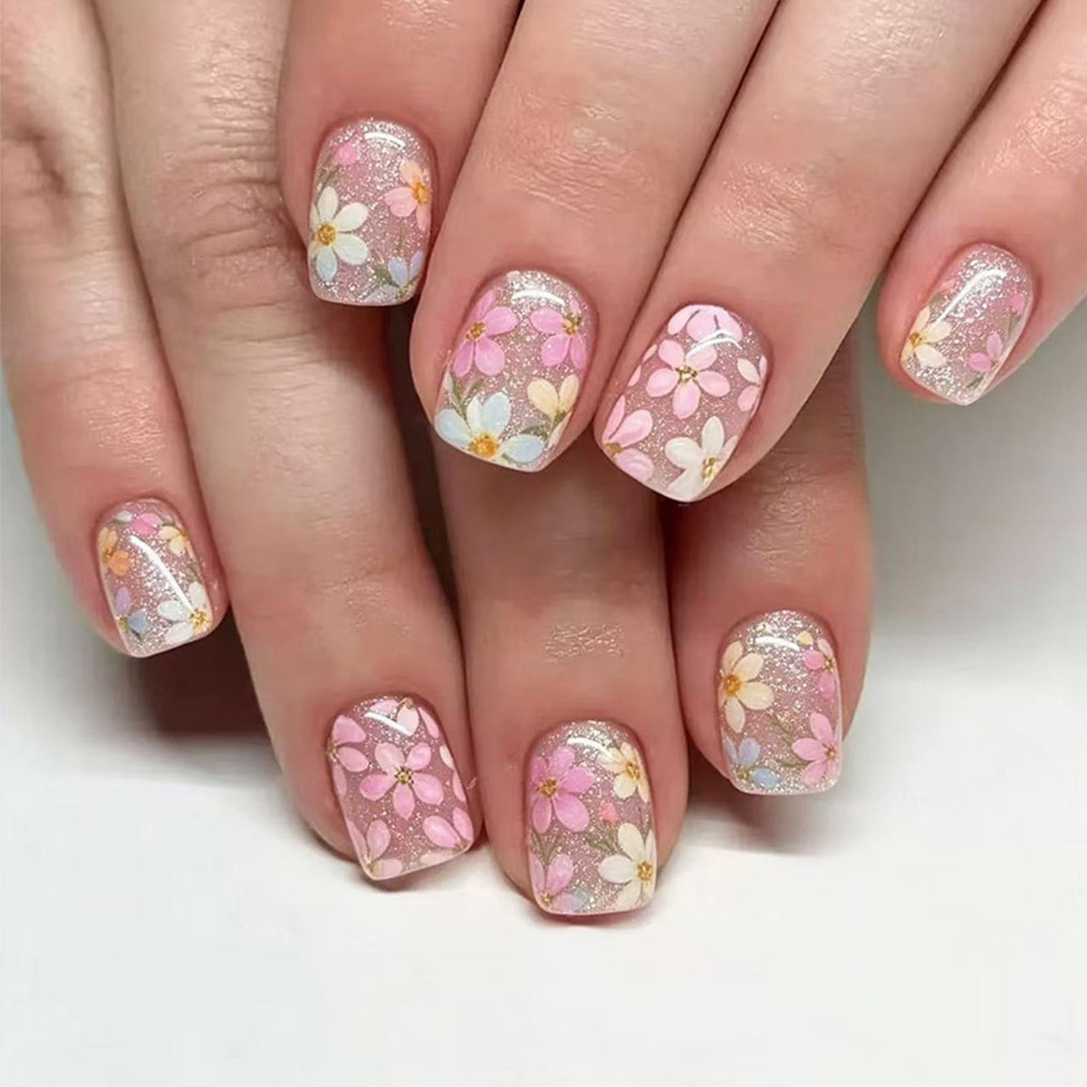 Press on Nails with Shimmer Design Glossy White French Tips Short Square False Nails Silver Glitter Fake Nail Nude Minimalist Stick on Fingernails Pink Glue on Nail for Women Bridal Daily Wear