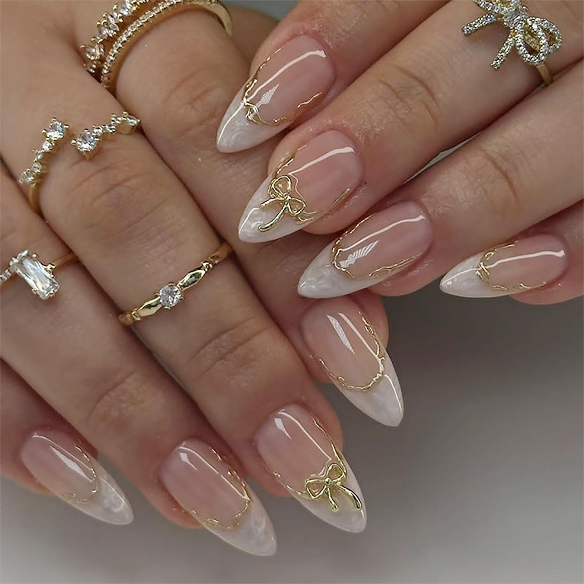 24Pcs White French Tip Press on Nails Medium Almond Fake Nails with Silver Rhinestones with Nude Pink Full Cover Glue on Nails French Designs 3D Flower False Nails Cute Spring Stick on Nails for Women