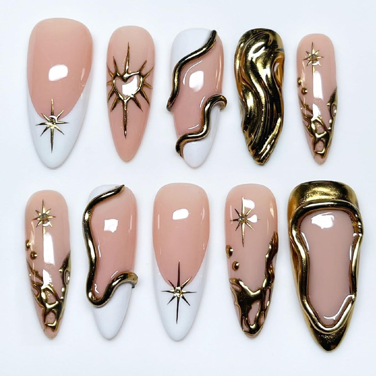 30Pcs Gold Star Moon Press on Nails Long Stiletto French Tip Fake Nails Press on 3D Chrome Gold Design Sun False Nails Irregular Gilded Lines Full Cover Purple Glossy Artificial Acrylic Nail for Women