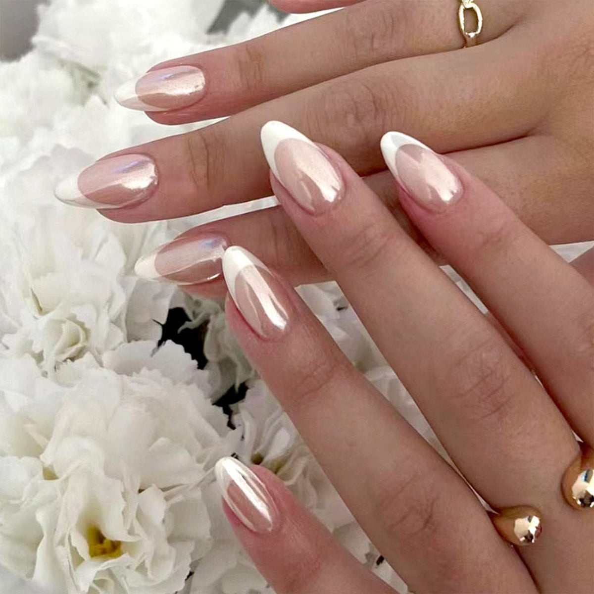 Press On Nails Almond Fake Nails French Tip False Nails Press ons Medium Glue on Nails with Chrome Design for Women Stick on Nail 24Pcs