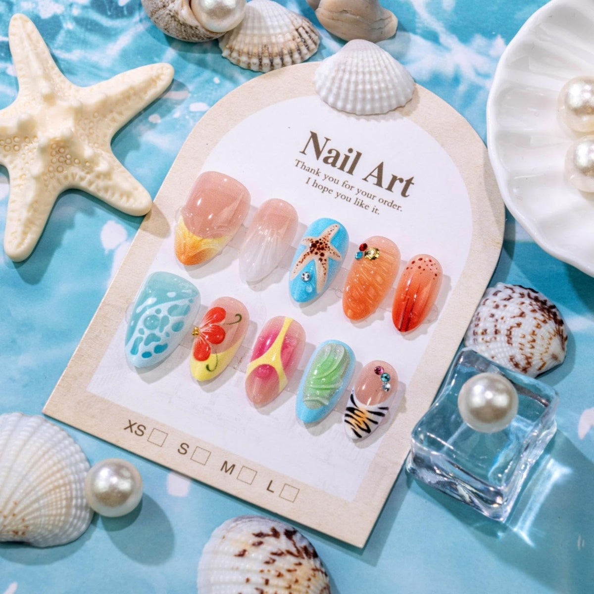 3D Handmade Pink Flower Press on Nails Blue French Tip Almond Fake Nails with Gold Metal Charms Luxury Reusable Full Cover Pink Acrylic Nails Press on for Women 24Pcs