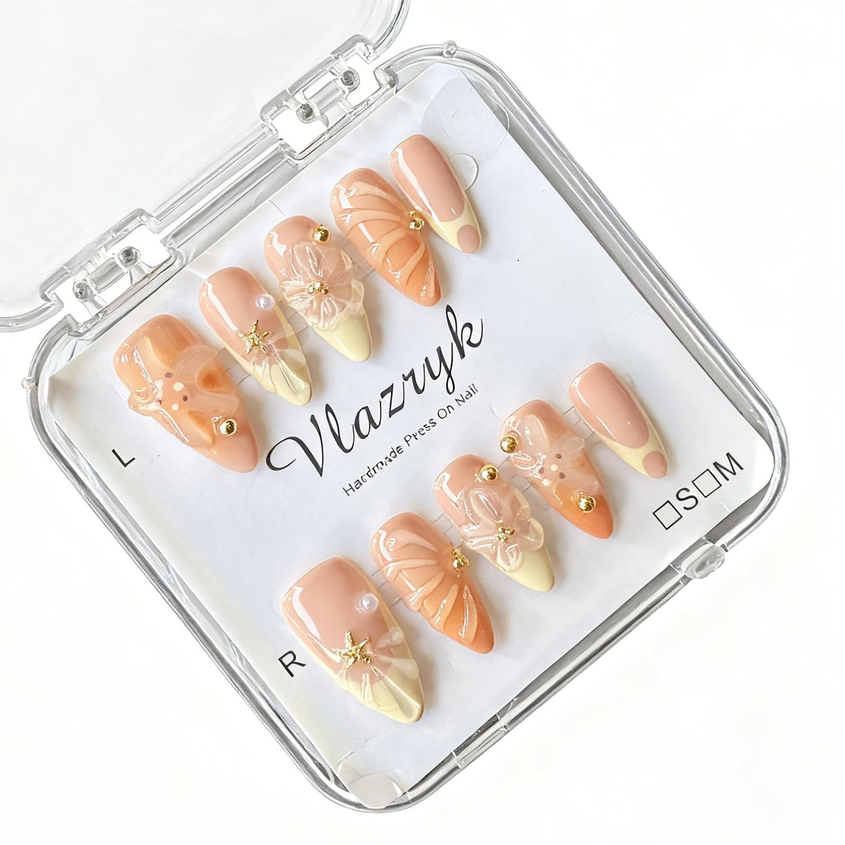 Handmade Press On Nails – Short Almond False Nails for Women, Reusable Acrylic White French Tip with Pearl & 3D Flowers Design – Salon Quality Fake Nails (10PCS Size S)