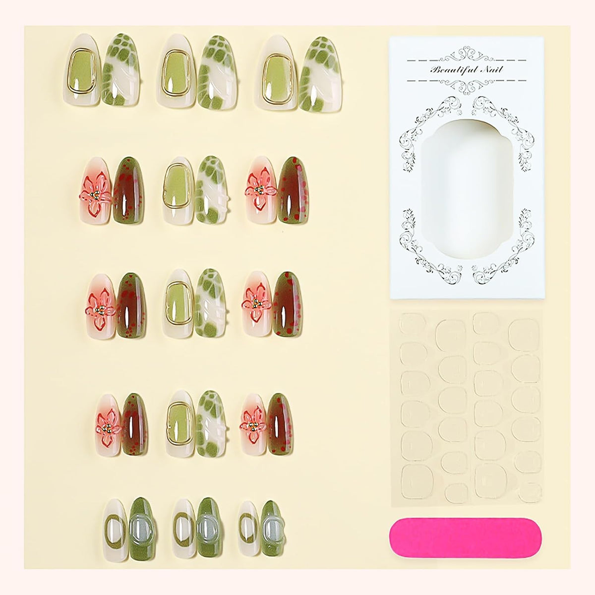 Press on Nails Medium Almond - 3D Red Hibiscus Flower Olive Green Fake Nails, Jade Agate Retro Stick on False Nails for Women & Girls, 30 Pcs