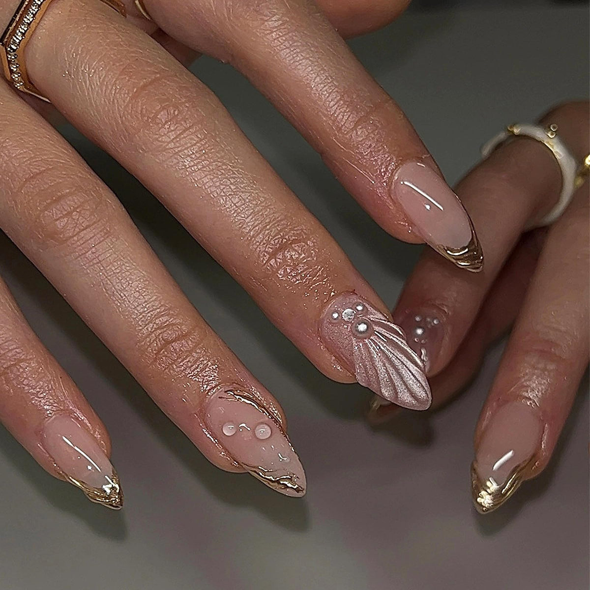 MERVF Medium Almond Press on Nails - White Ombre French Tip Fake Acrylic Nails, Rhinestones Gold Rings Design Wedding Glossy Finish 24pcs