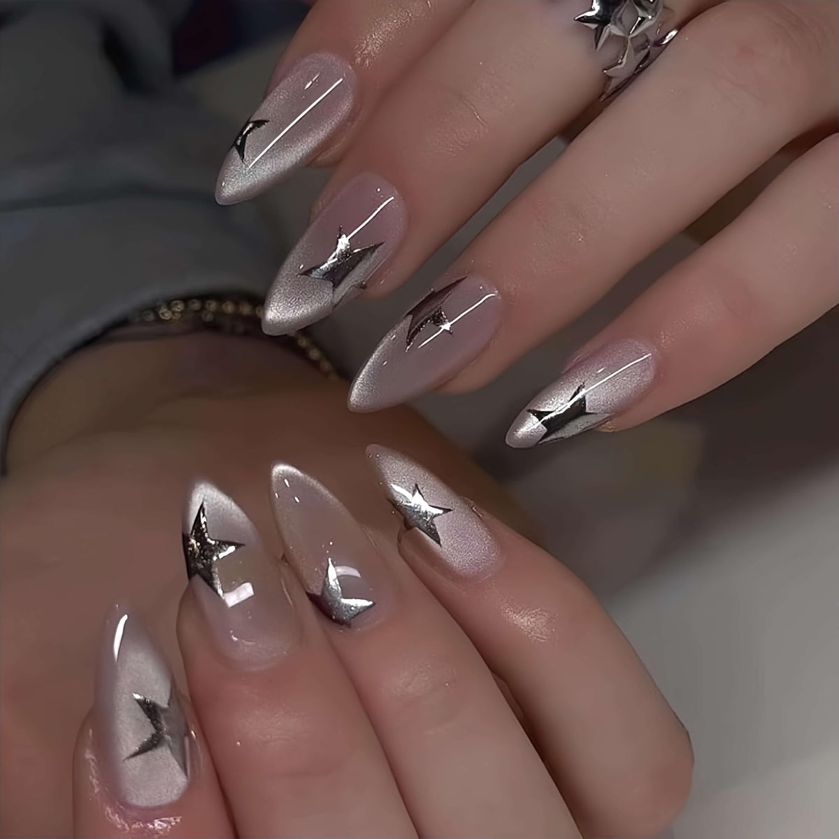Medium Almond Press On Nails, Milky Nude Fake Nails with White French Tips, Gold Outline Design, Rhinestone and Pearl Accents, Glossy Reusable Glue On Nails for Women Wedding, 24PCS