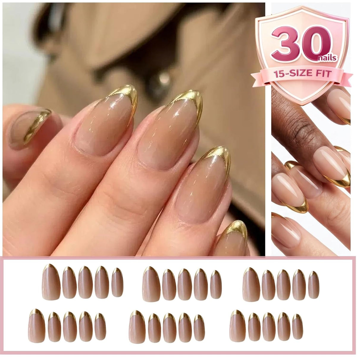 Glossy Nude Gold French Tip Press On Nails Short Almond, 30 PCS