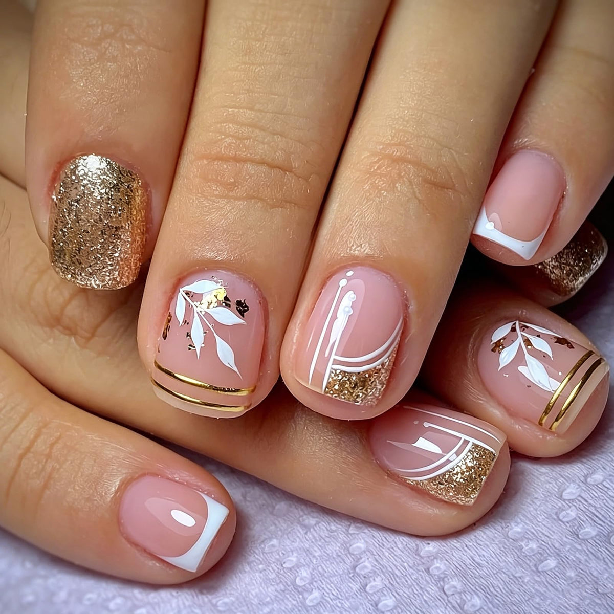 24Pcs Long Square Nude Pink White Nails Press ons Pearl Gold Flower Fake Nails Elegant False Nails Bridal Nails Glue on Luxurious Stick on Nails Casual Work for Girl Women Wedding Formal Occasions