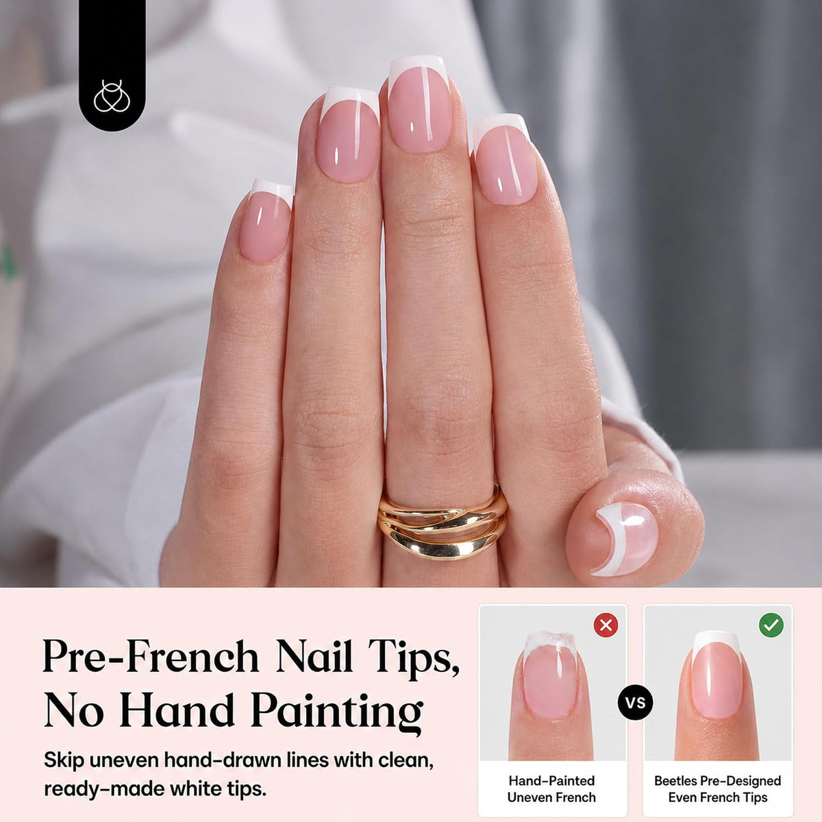 Beetles French Tips Press On Nails - Short Square 150 Pcs