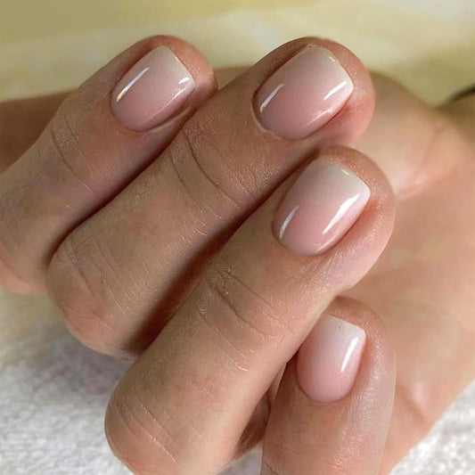 Short Press on Nails Square Nude Ombre Fake Nails Press ons White Glue Stick on Nails with Designs Full Cover Acrylic Glossy Artificial Cute False Nail for Women Girls 24 Pcs