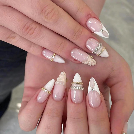 MERVF Medium Almond Press on Nails - White Ombre French Tip Fake Acrylic Nails, Rhinestones Gold Rings Design Wedding Glossy Finish 24pcs