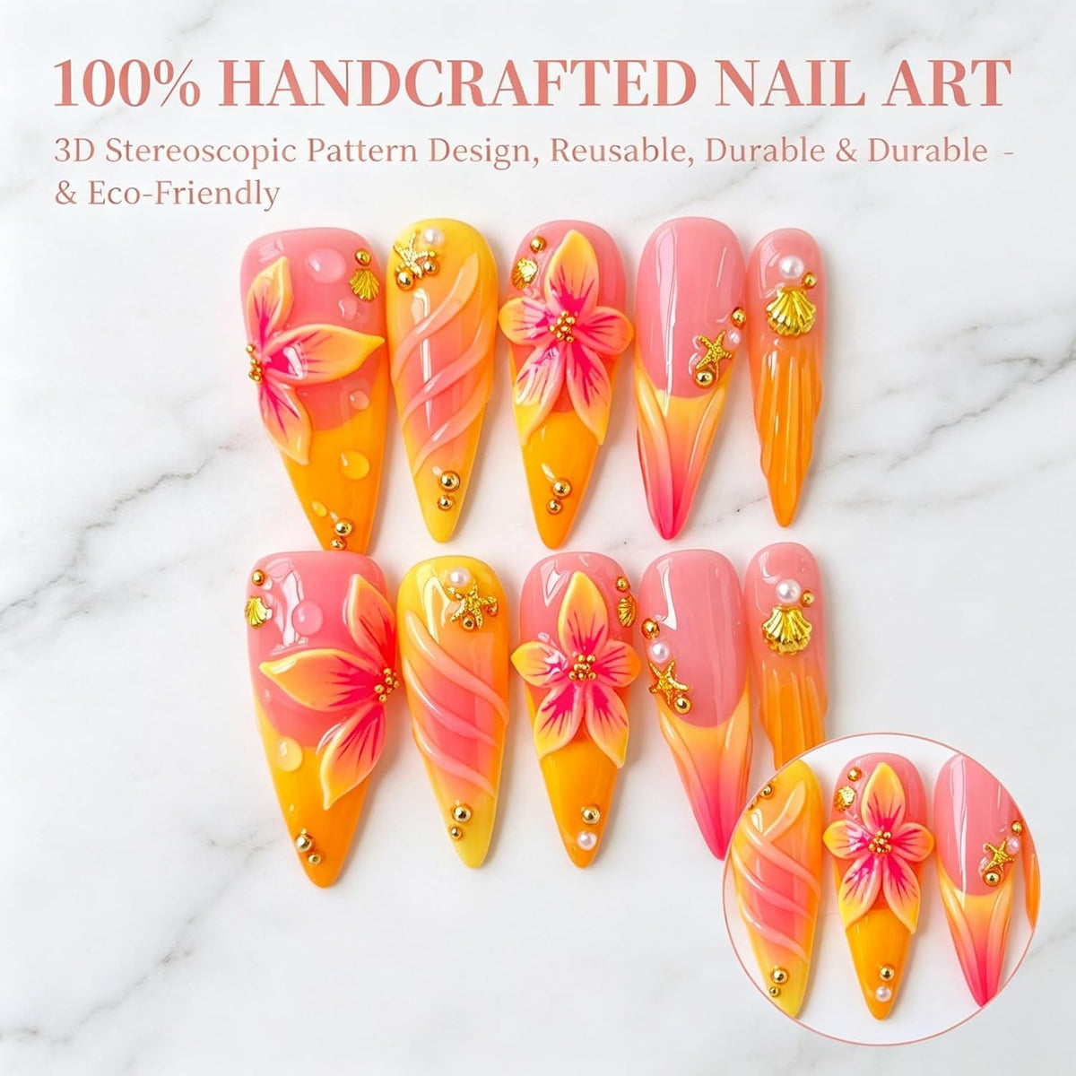 Press on Nails Long Stiletto Handmade French Yellow 10Pcs (Size M)