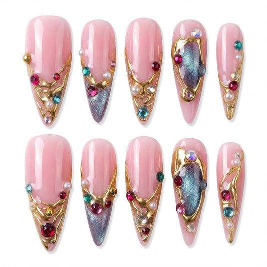 Handmade Press on Nails Long Stiletto - Liquid Gold Abstract Acrylic Fake Nails with Blue Shimmer & Colorful Gems, Luxury Reusable False Nails 10 pcs (Size M)