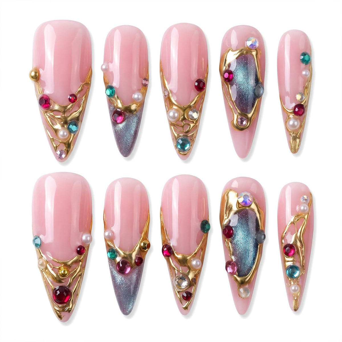 Handmade Press on Nails Long Stiletto - Liquid Gold Abstract Acrylic Fake Nails with Blue Shimmer & Colorful Gems, Luxury Reusable False Nails 10 pcs (Size M)