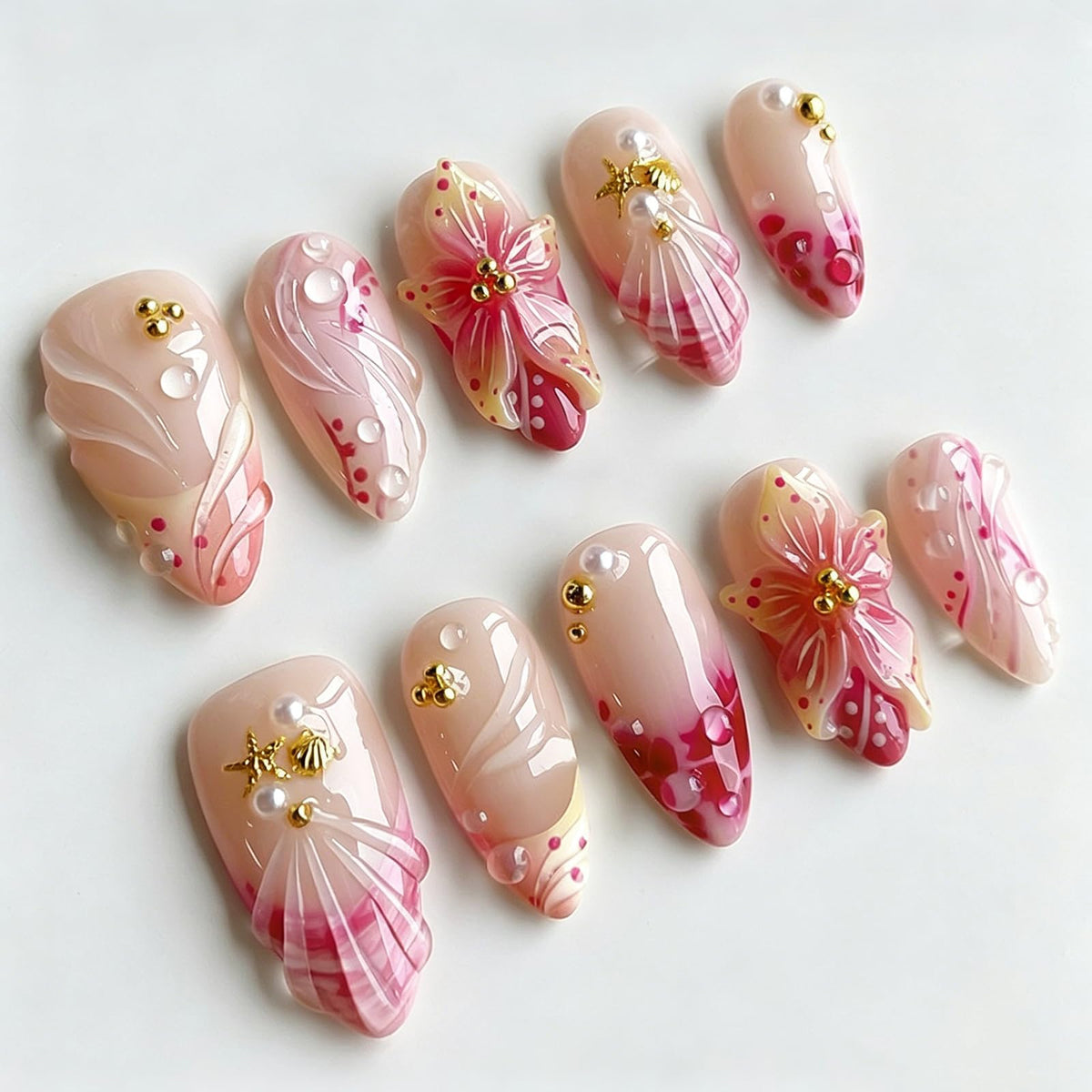Press on Nails Medium Almond - 3D Red Hibiscus Flower Olive Green Fake Nails, Jade Agate Retro Stick on False Nails for Women & Girls, 30 Pcs