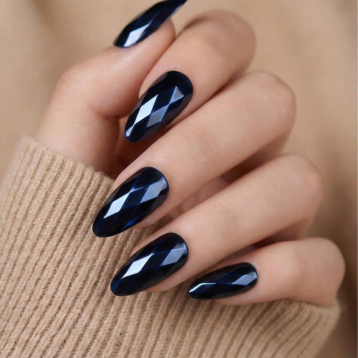 Glossy Nude Gold French Tip Press On Nails Short Almond, 30 PCS