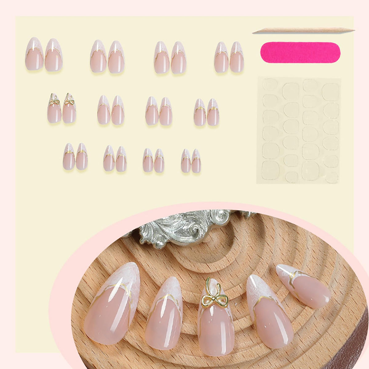 24Pcs Almond Press on Nails Medium Length White French Tip Fake Nails with Gold Lines Designs 3D Bow Acrylic Nails Reusable Cute False Nail Set Nude Glossy French Full Cover Glue on Nails for Women