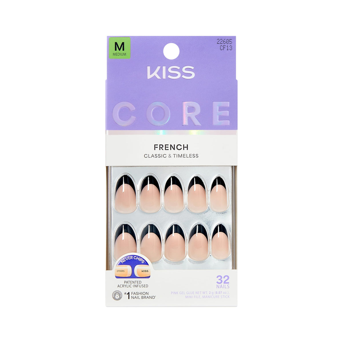 Kiss Core, Press On Nails, Nail glue included, 'Curiosity', White, Medium Size, Almond Shape, Includes 32 Nails, 2g Glue, 1 Manicure Stick, 1 Mini File