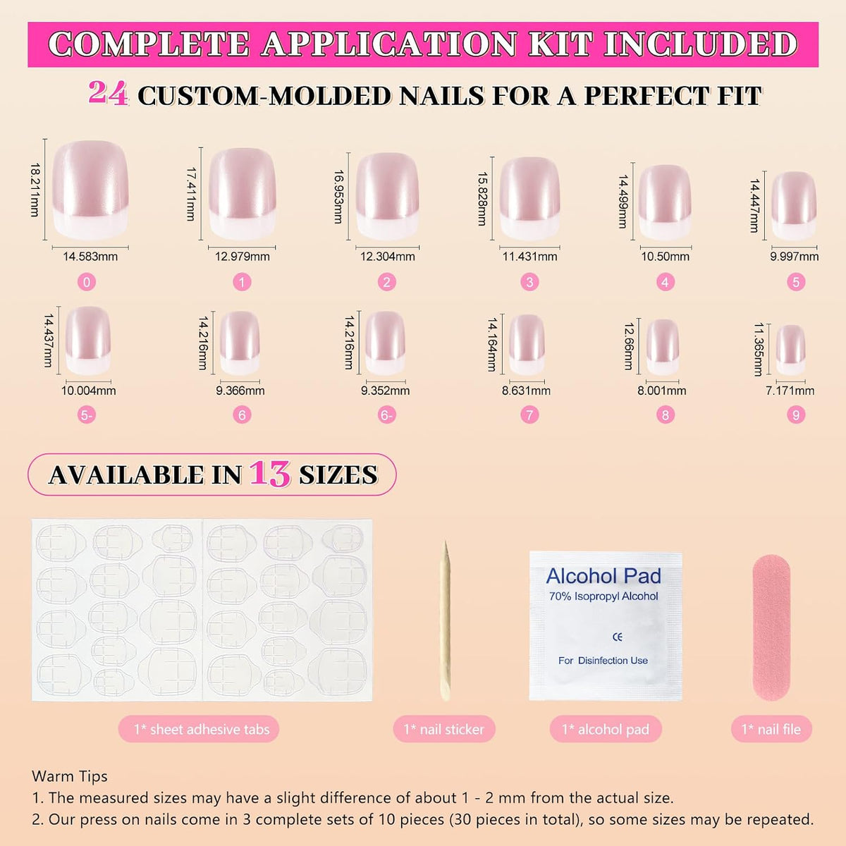 EchiQ Press On Nails Pearl Shine Pink French Nail White Round Fake Nails Short Glossy Satin Artificial Lady Fingernails with Adhesive Tabs