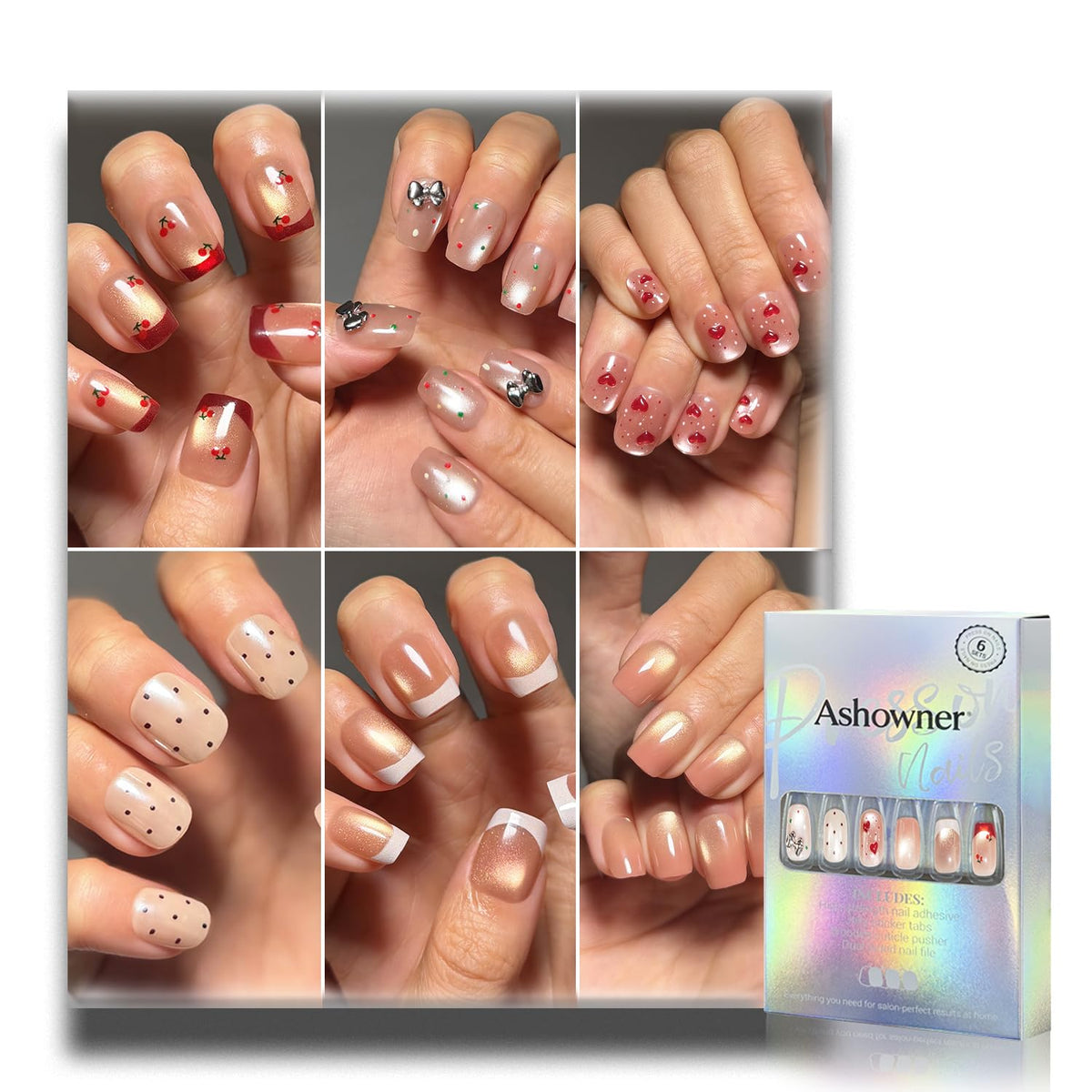 Press on Nails, 6 Packs (144 Pcs) Medium Almond Sets, Wedding French