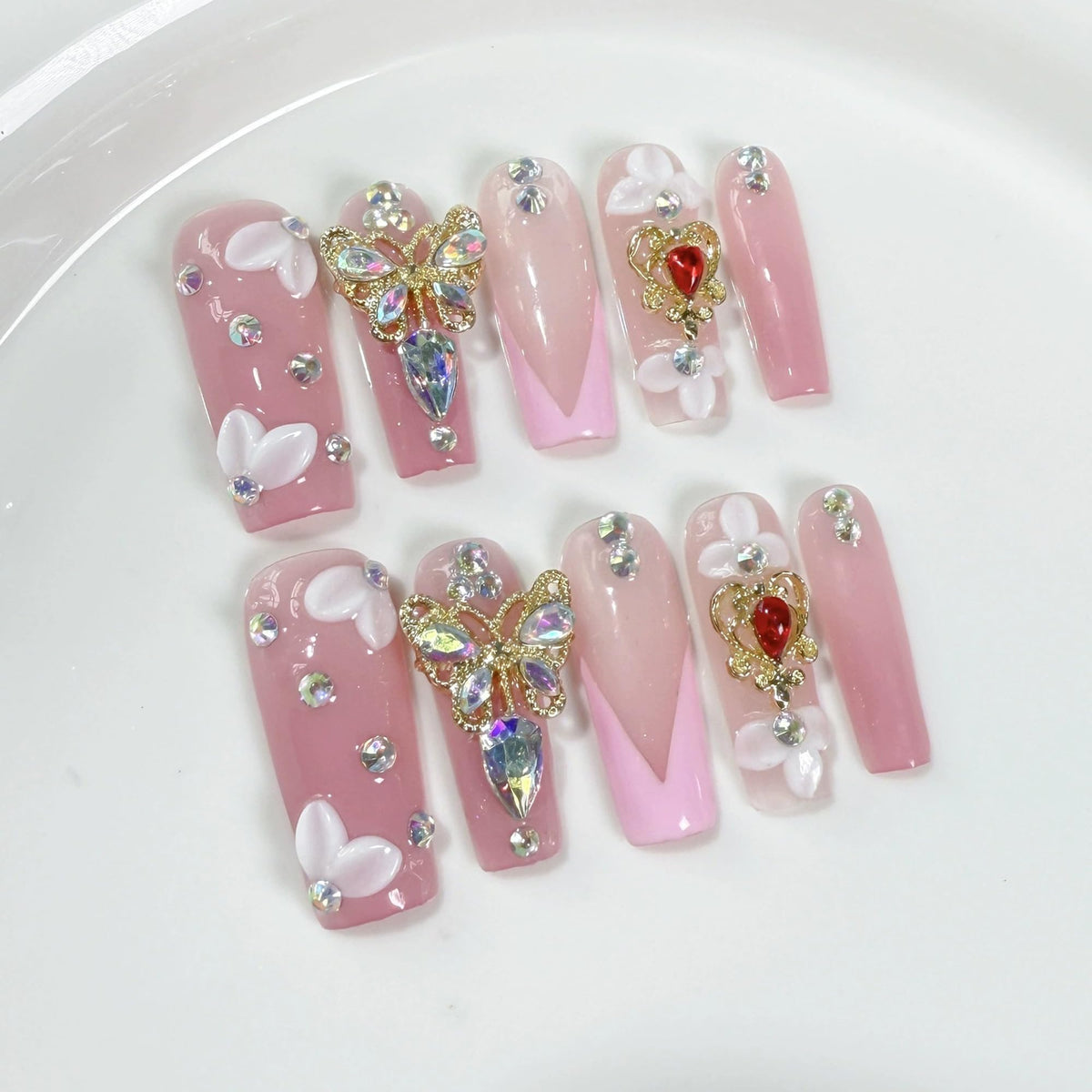 Luxury Handmade Press on Nails Long Coffin Fake Nails Rhinestone Crystal Full Cover False Nails with Glue with Designs Sparkly Long Acrylic Nail Reusable Stick on Nail for Women 10Pcs(Size M)