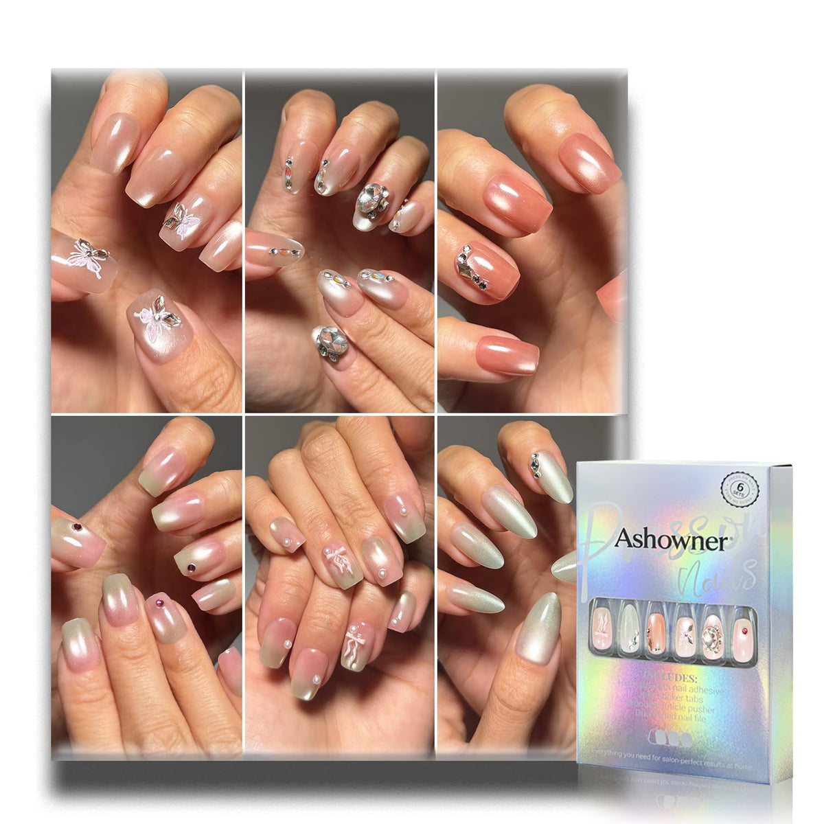 Press on Nails, 6 Packs (144 Pcs) Medium Almond Sets, Wedding French