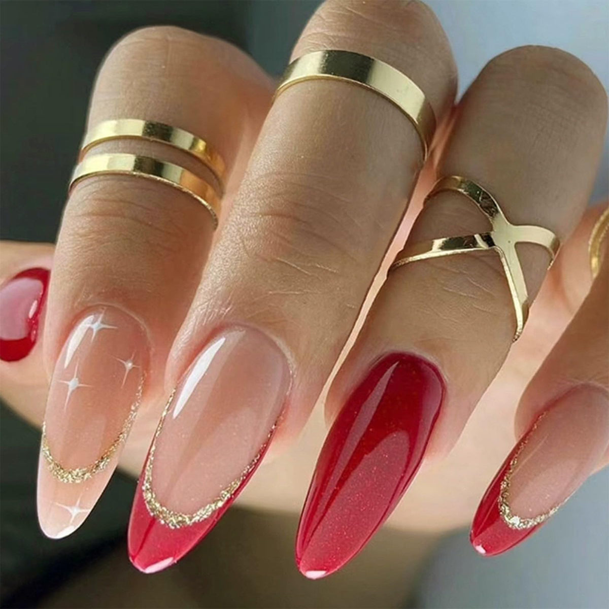 Press On Nails Almond Fake Nails French Tip False Nails Press ons Medium Glue on Nails with Chrome Design for Women Stick on Nail 24Pcs