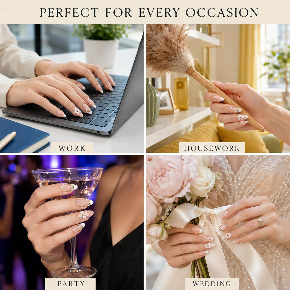 Handmade Almond Press on Nails Medium, Nude White French Tip Fake Nails with 3D White Flower Gold Metal Lines Pearl Decor, Glossy Reusable Full Cover False Nails for Women Wedding Daily(S)
