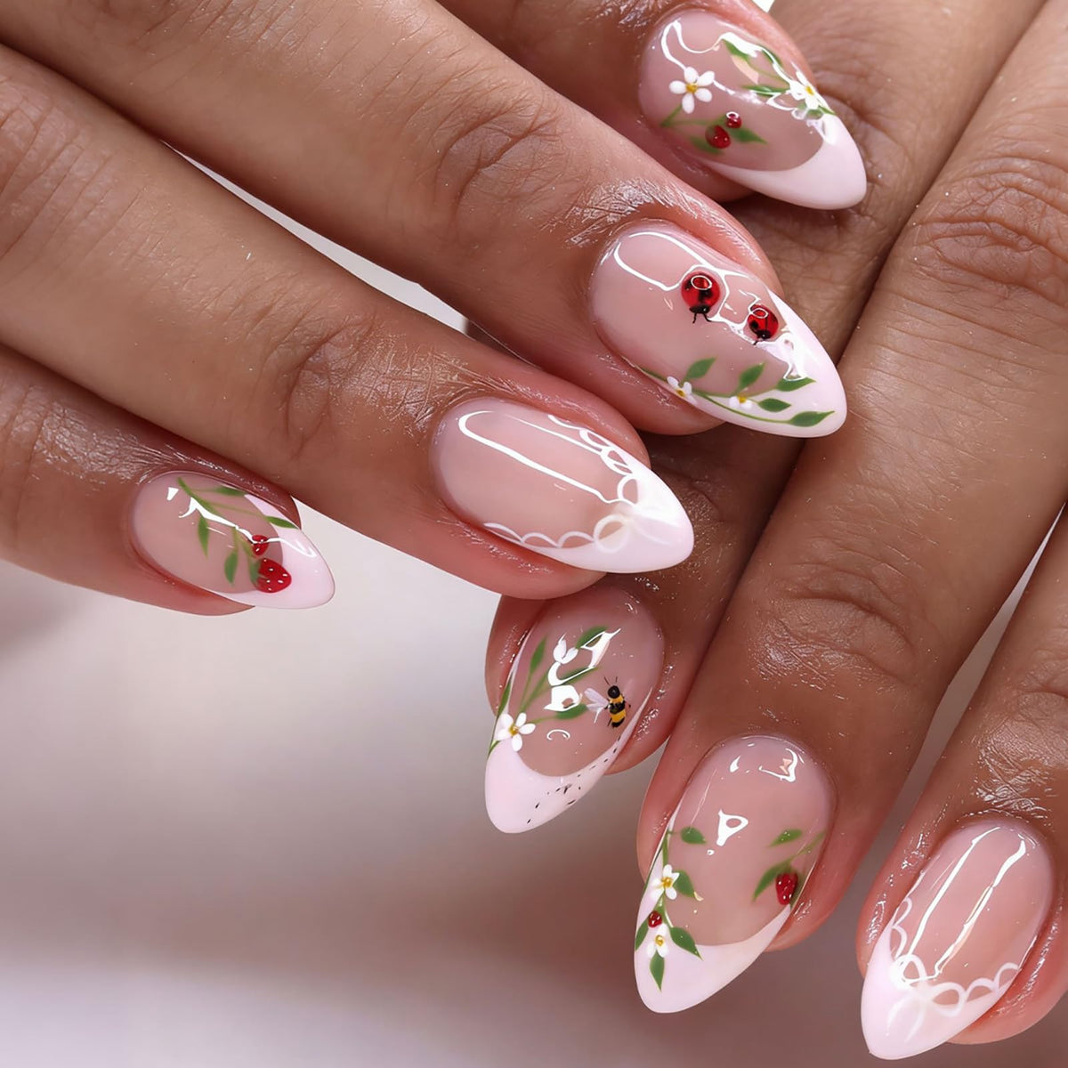 Long Almond Glitter Press on Nails Nude Pink Fashion Gold Fake Nails Full Cover Sparkling Stick On Nails Glossy Thin Design Glue on Nails for Girl Women False Nails Daily Office Party Wedding 24 Pcs
