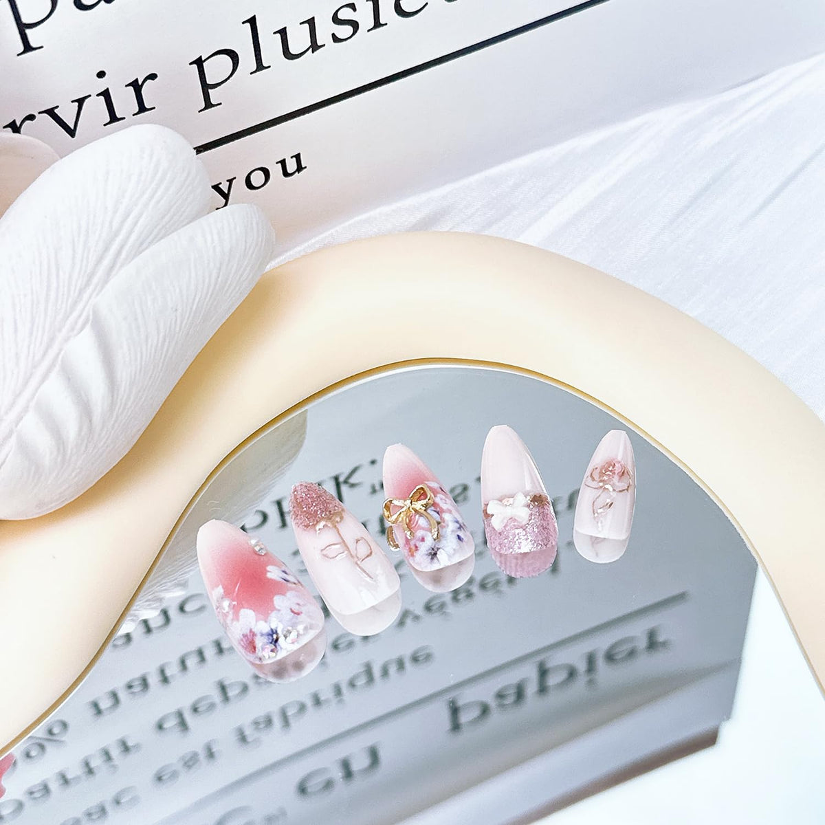 24Pcs Flower Press on Nails Medium Almond Fake Nails with Bow Rhinestones Designs Pink Acrylic Nails Glitter Glue on Nails Cute Floral False Nail Rose Flowers Stick on Nail for Women Nail Supplies