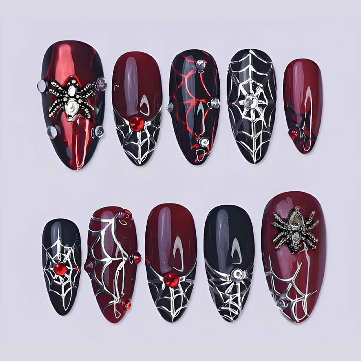 French Tips Press on Nails Medium Almond Nails Press on with 5D Flower Charm Design Glossy Brown Glue on Nails Water Ripple Rhinestones Fake Nail Reusable Fall Winter Nail for Women Manicure 24Pcs