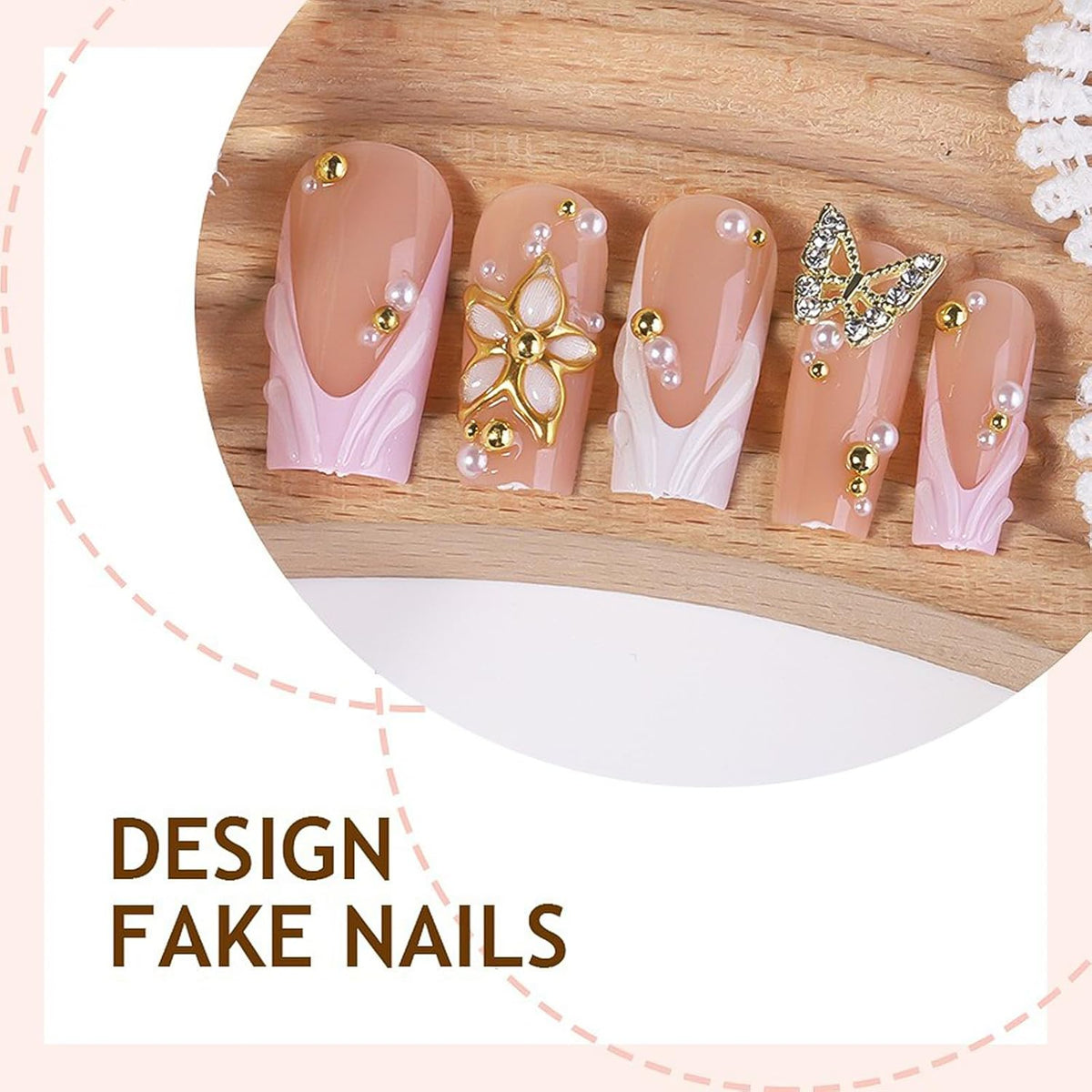 Press on Nails Long Square - 3D Flower Fake Nails with Pearls Design, Luxury Gold Chrome Butterfly French Tip Baroque Baddie False Nails for Women, 24 Pcs