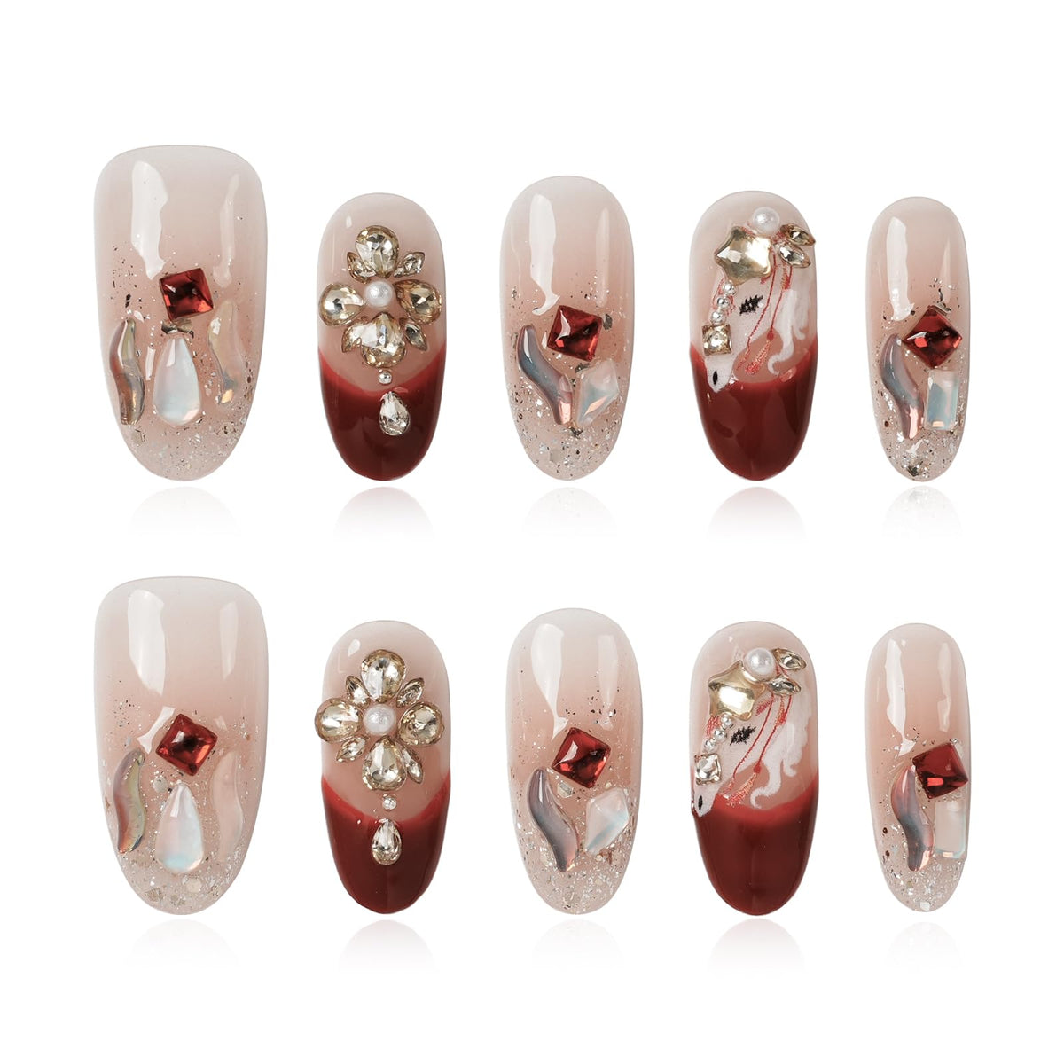 Gothic 3D Floral Press on Nails Medium Almond - Gold Cross & Rhinestone Design, Handmade Pearl Luxury Dark Romantic Reusable Nails (Orange Diamond Sweet Luxury,L)