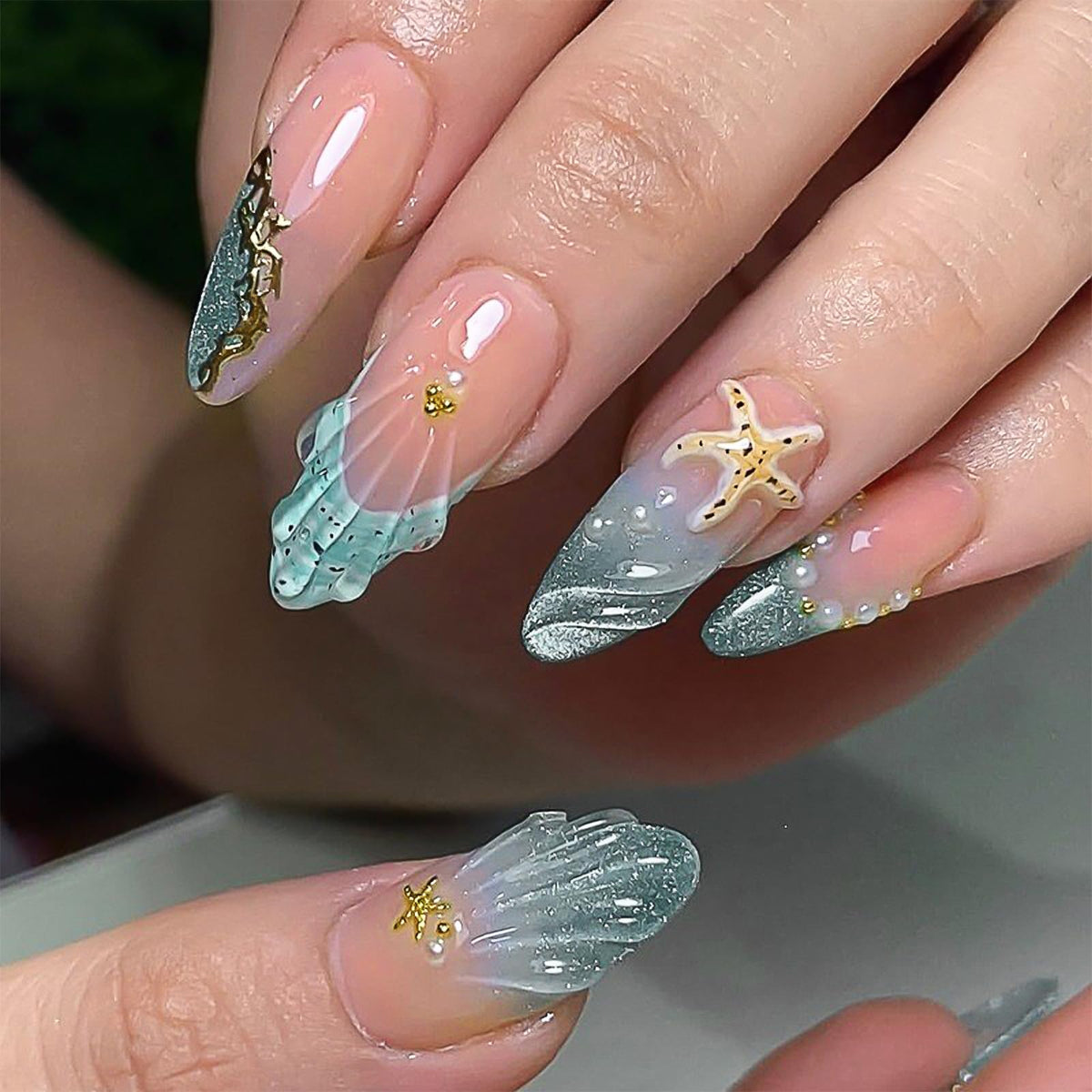 Press on Nails Medium Almond - 3D Red Hibiscus Flower Olive Green Fake Nails, Jade Agate Retro Stick on False Nails for Women & Girls, 30 Pcs