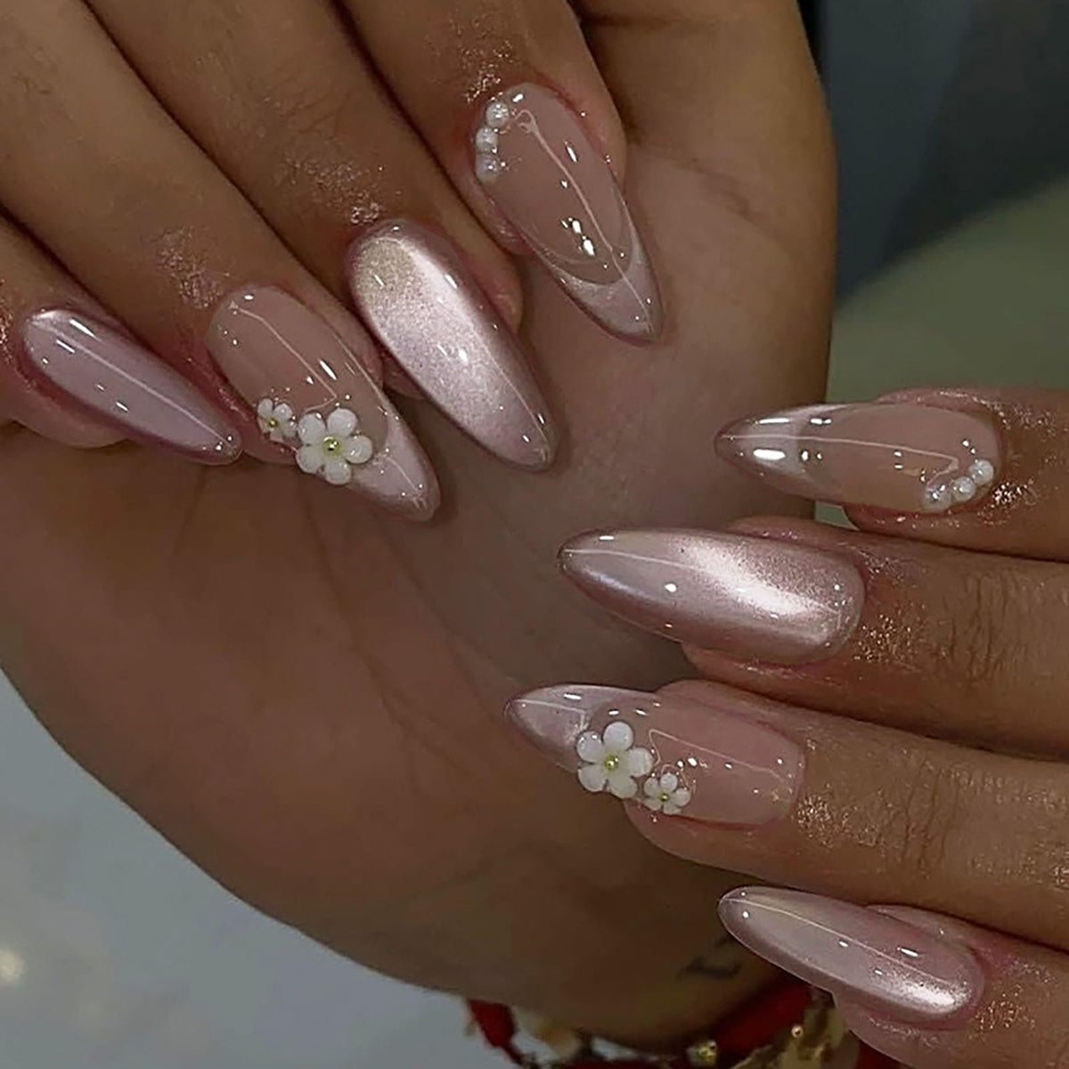 French Tip Press on Nails Almond Medium Fake Nails with Chrome Glitter Designs Nails Press ons Pink Gold Glue on Nails Natural False Nails Glossy Artificial Nails Simple Stick on Nails for Women 24Pcs